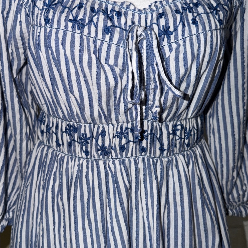 American Eagle Women's Blue & White Striped Puff Sleeve Embroidered Mini Dress S - Picture 3 of 13